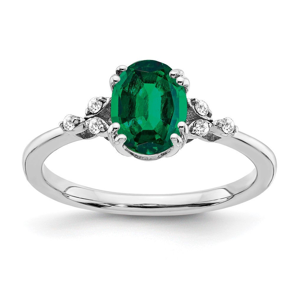 Sterling Silver Rhodium-plated Created Emerald and Diamond Ring - 11