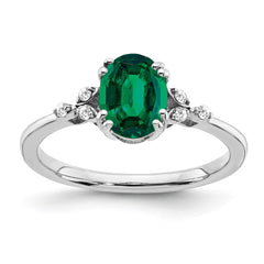 Sterling Silver Rhodium-plated Created Emerald and Diamond Ring - 11