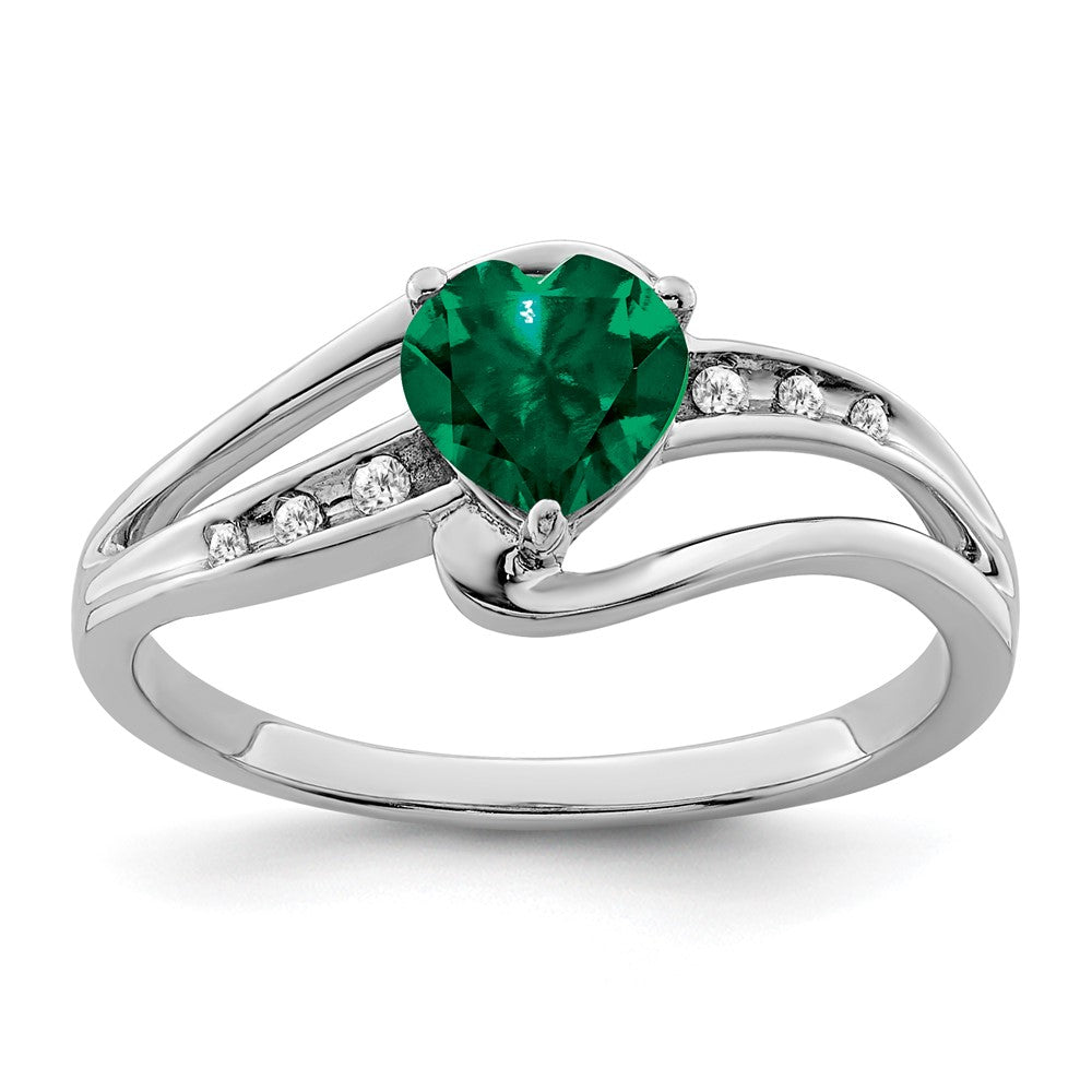 Sterling Silver Rhodium-plated Created Emerald and Diamond Ring - 18