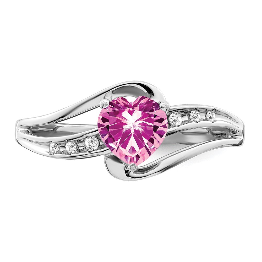 Sterling Silver Rhodium-plated Created Pink Sapphire and Diamond Ring - 6
