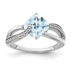 Sterling Silver Rhodium-plated Aquamarine and Diamond Ring - 19