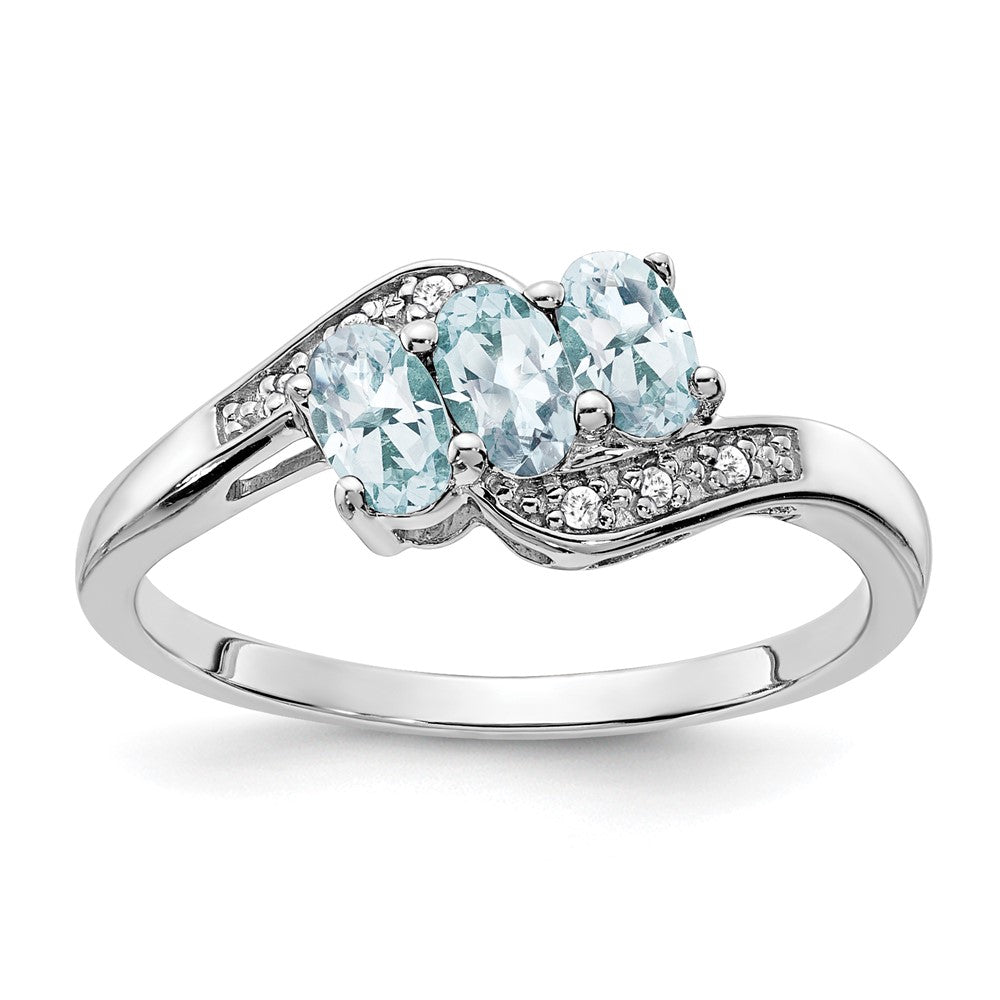 Sterling Silver Rhodium-plated Aquamarine and Diamond Ring - 22