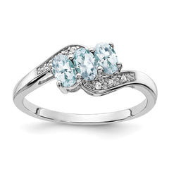 Sterling Silver Rhodium-plated Aquamarine and Diamond Ring - 22
