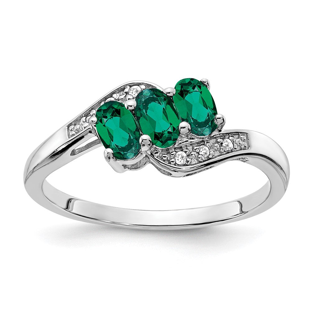 Sterling Silver Rhodium-plated Created Emerald and Diamond Ring - 21