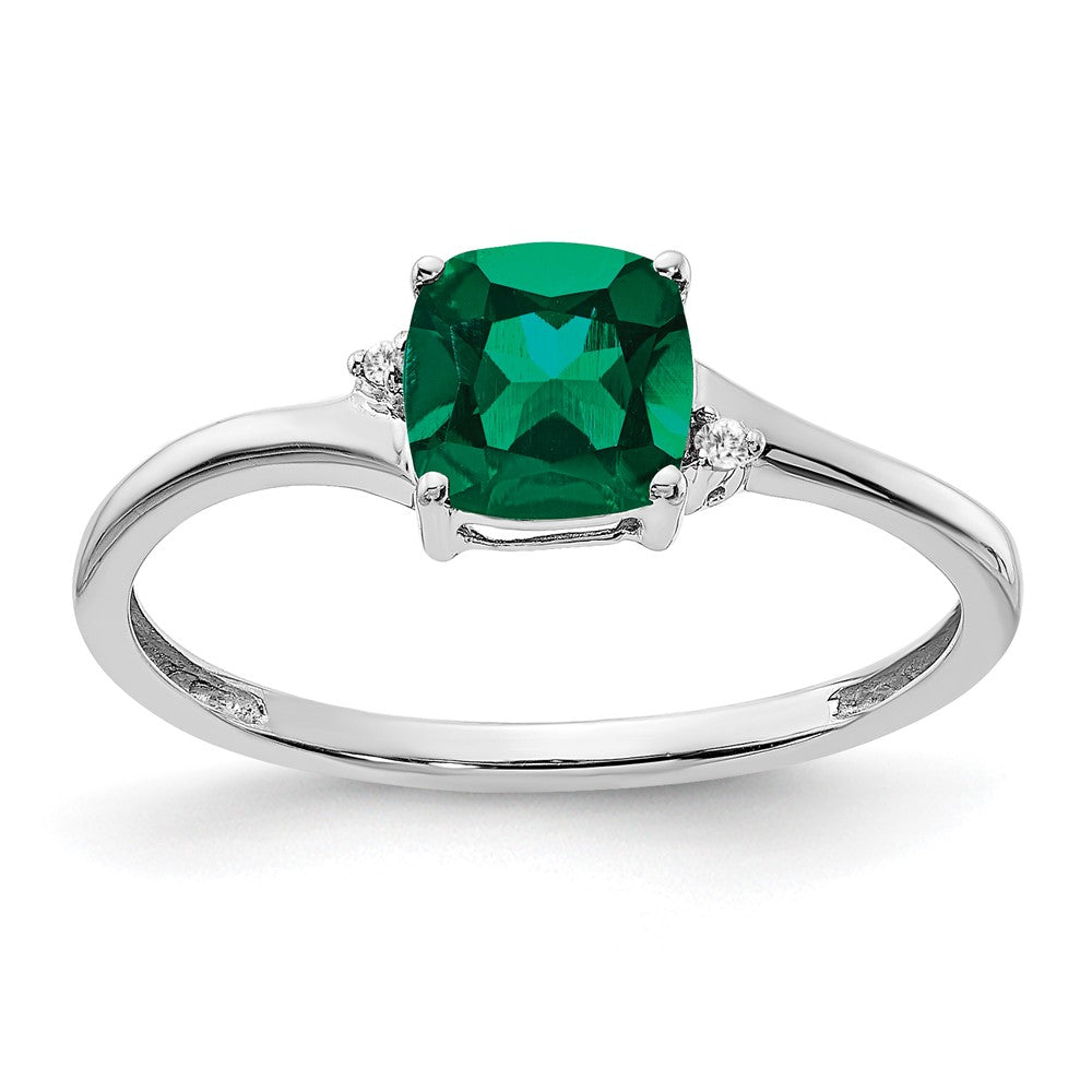 Sterling Silver Rhodium-plated Created Emerald and Diamond Ring - 24