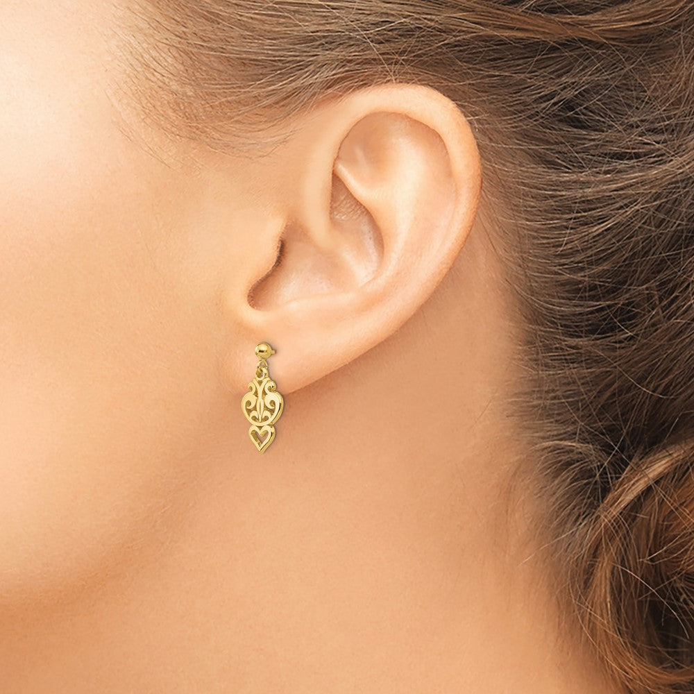 14k Polished Filigree Fancy Heart Post Dangle Earrings