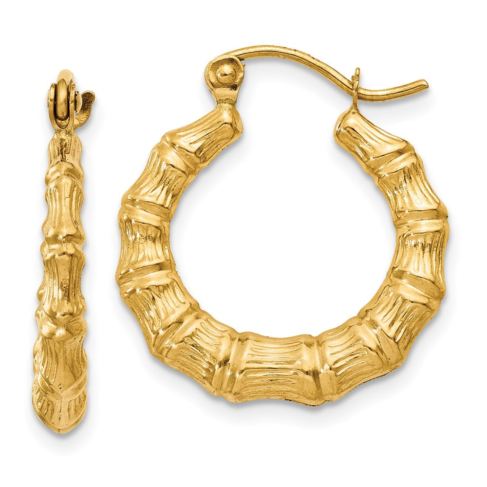 14k Polished Bamboo Design Hollow Hoop Earrings - 2