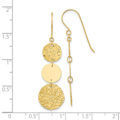14K Polished and Textured 3-Tier Circle Drop Shepherd Hook Dangle Earrings