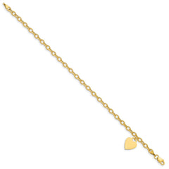 14K Engravable 14x10mm Solid Dangle Heart Charm and Hollow Chain 8.5 inch Bracelet