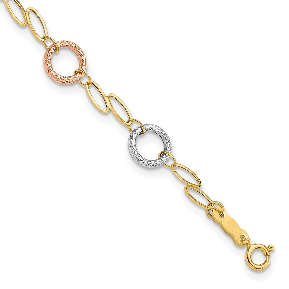 14k Tri-color Polished and Textured Round Circles and Ovals 7.25 inch Bracelet