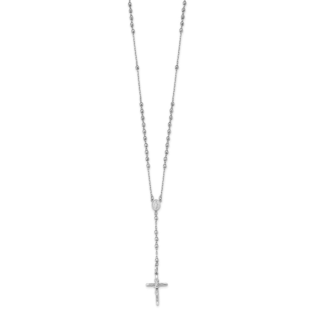 14k White Gold Polished Crucifix and Miraculous Medal with 3mm Mirror Beads 24 inch Rosary Necklace