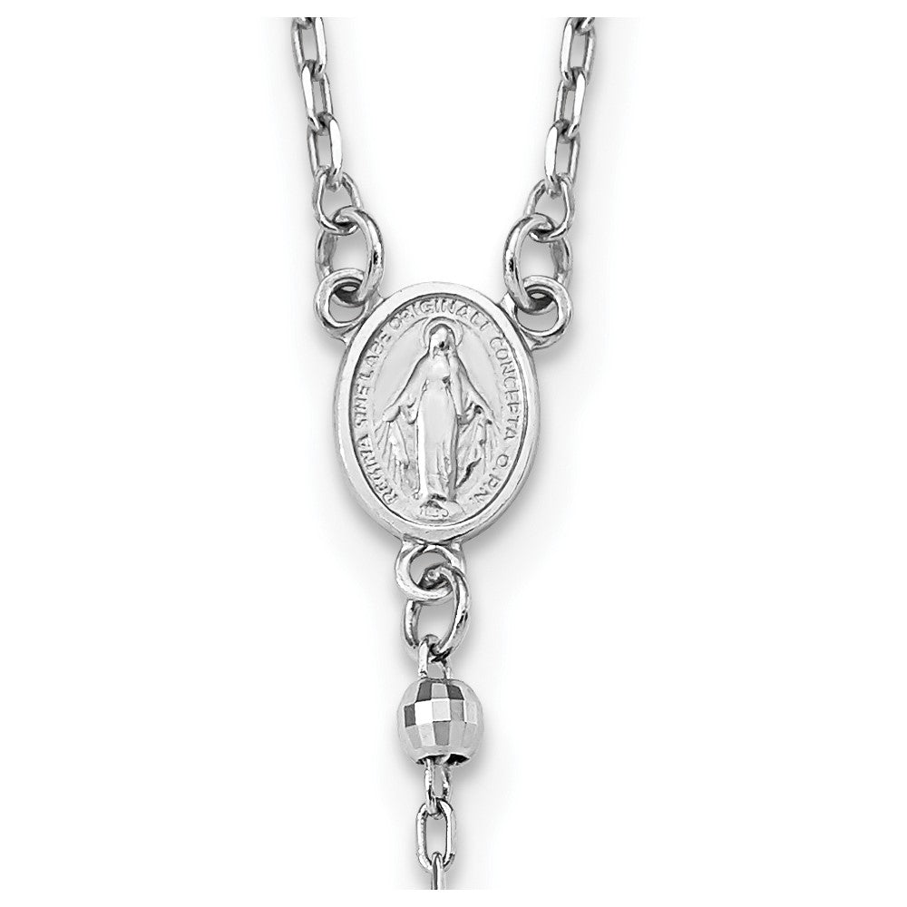 14k White Gold Polished Crucifix and Miraculous Medal with 3mm Mirror Beads 24 inch Rosary Necklace