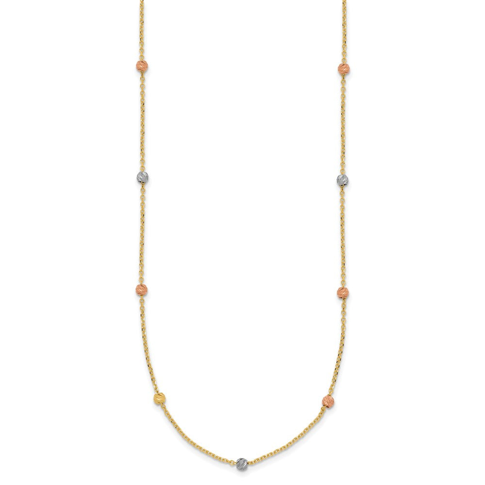 14k Tri-color Polished Diamond-cut Beads 18 inch Station Necklace