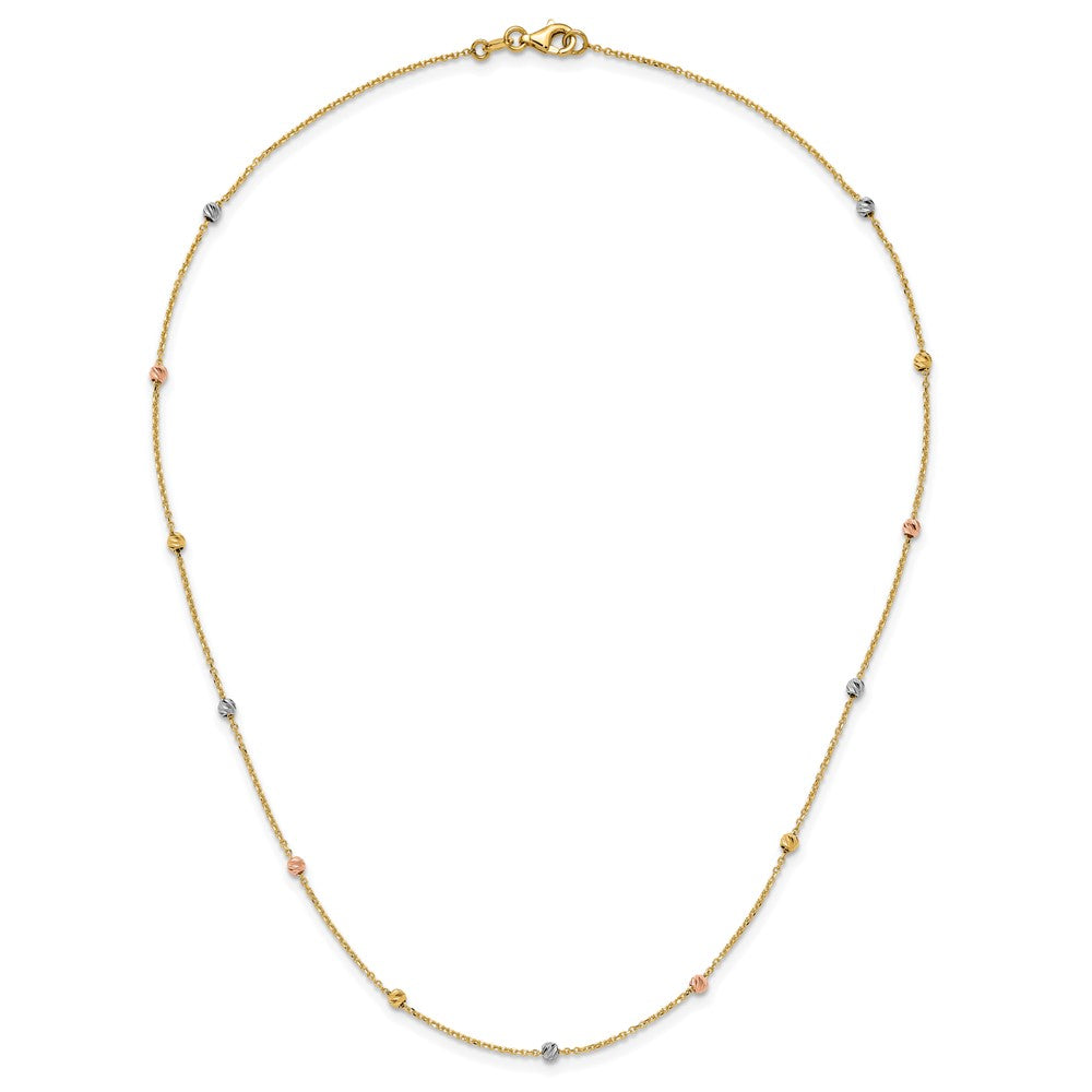 14k Tri-color Polished Diamond-cut Beads 18 inch Station Necklace