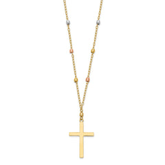 14K Tri-color Mirror Beaded Chain with Polished Cross Pendant 18 inch Necklace