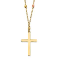 14K Tri-color Mirror Beaded Chain with Polished Cross Pendant 18 inch Necklace