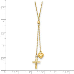 14K Puffed Heart and Diamond-cut Cross 16 inch Y-Necklace Plus 2 inch Extender