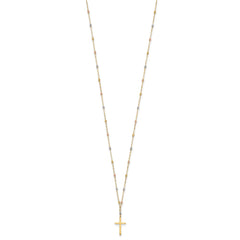 14k Tri-color Diamond-cut Beaded Chain with Polished Cross Pendant 17 inch Necklace