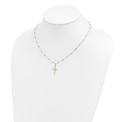 14k Tri-color Diamond-cut Beaded Chain with Polished Cross Pendant 17 inch Necklace