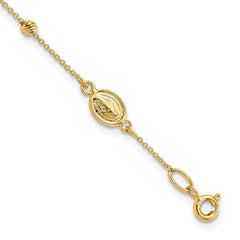 14k Polished Cross and Miraculous Medal with Diamond-cut Beads 6 inch Childs Rosary Bracelet with 0.75 inch Extender