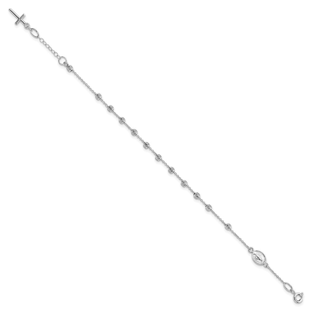 14k White Gold D/C Cross and Miraculous Medal .75in ext. Bracelet