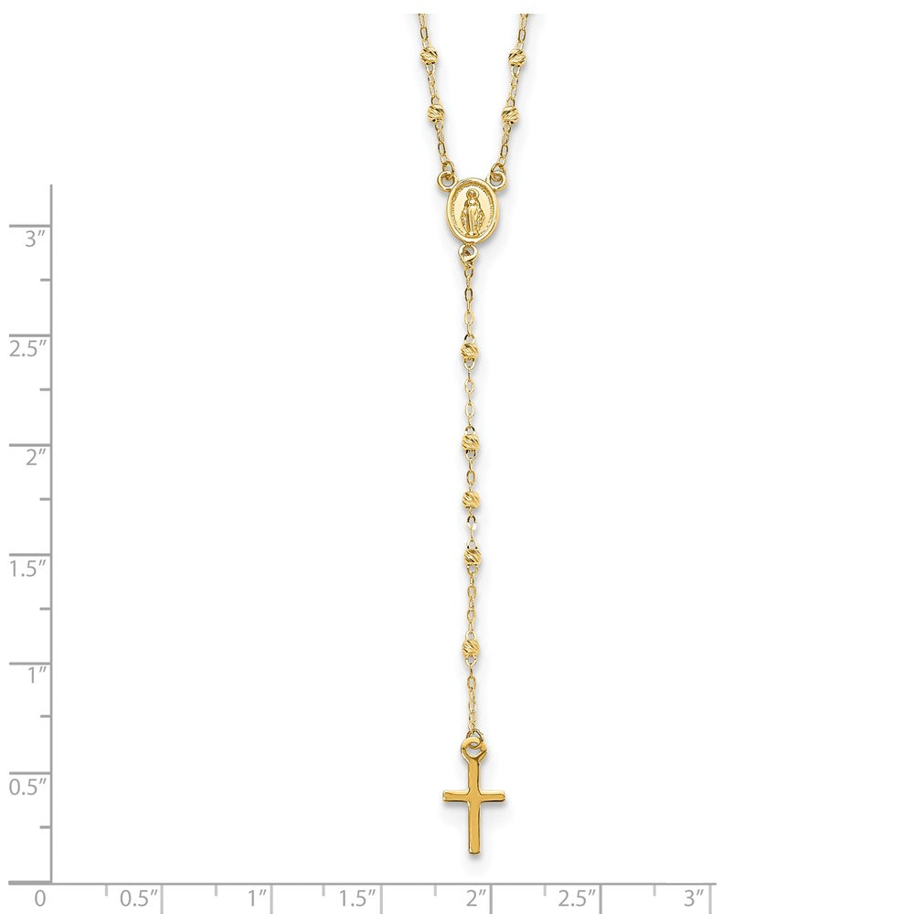 14k Polished Cross and Miraculous Medal with Diamond-cut Beads 17 inch Rosary Necklace Plus 3 inch Extender