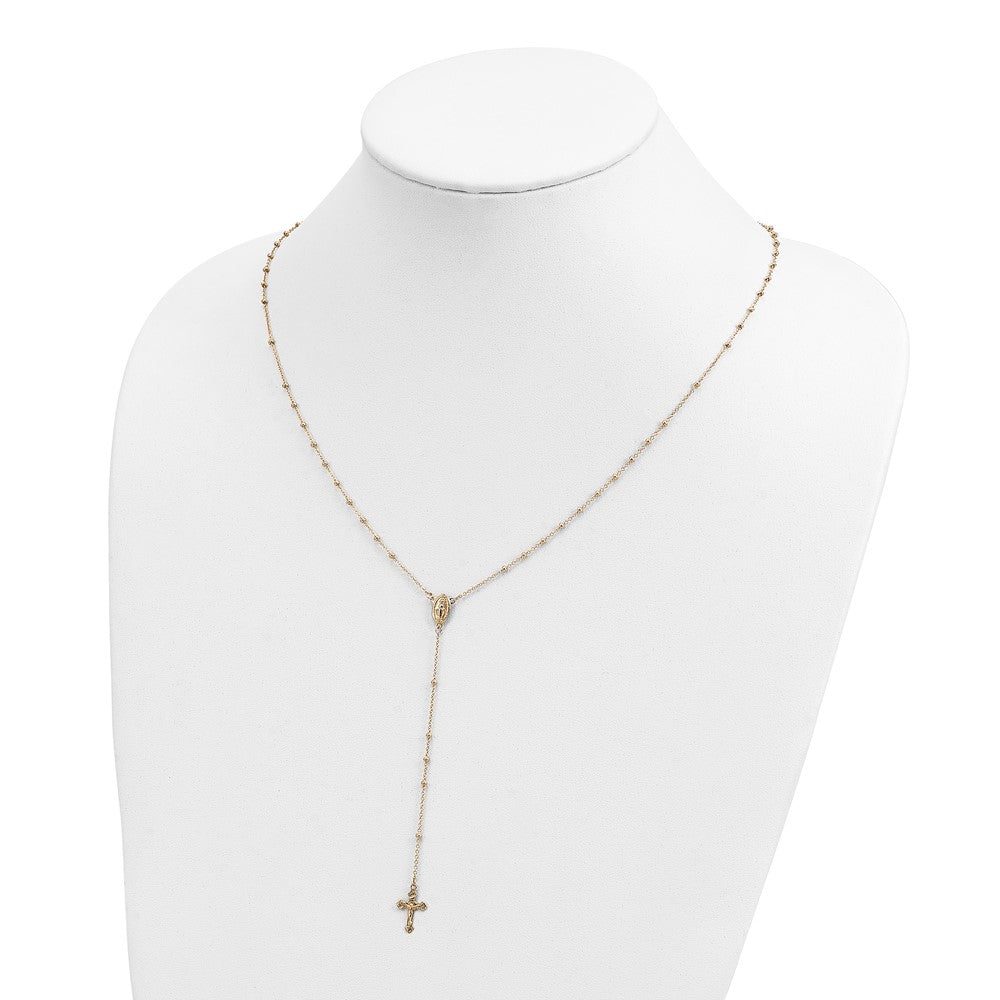 14k Polished Crucifix and Miraculous Medal 2mm Beaded 19.5 inch Rosary Necklace