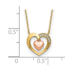 14K Two-Tone CZ Heart-in-Heart 18 inch Necklace Plus 2 inch Extender