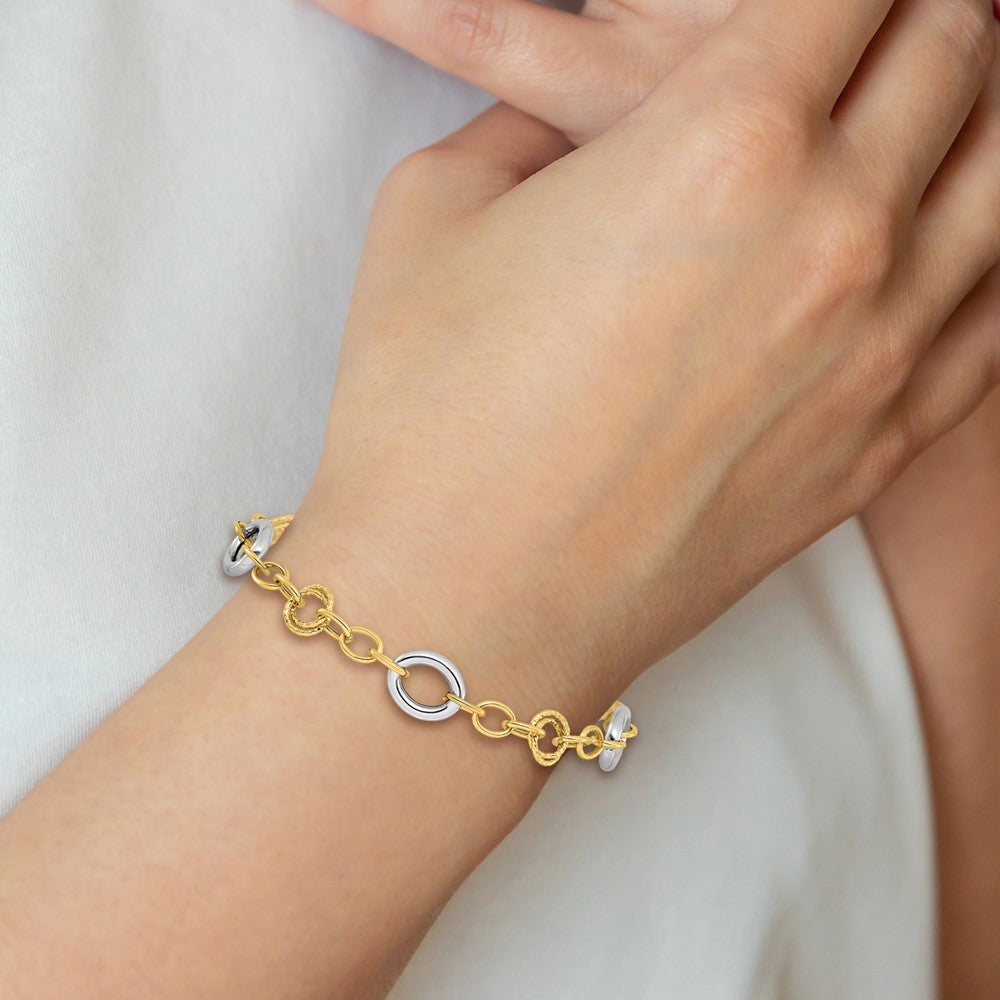 14K Two-tone Fancy Circles Cable Link 7.5 inch Bracelet