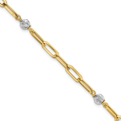 14K Two-tone Polished Diamond-cut Beads and Paperclip Links 7.5 inch Bracelet