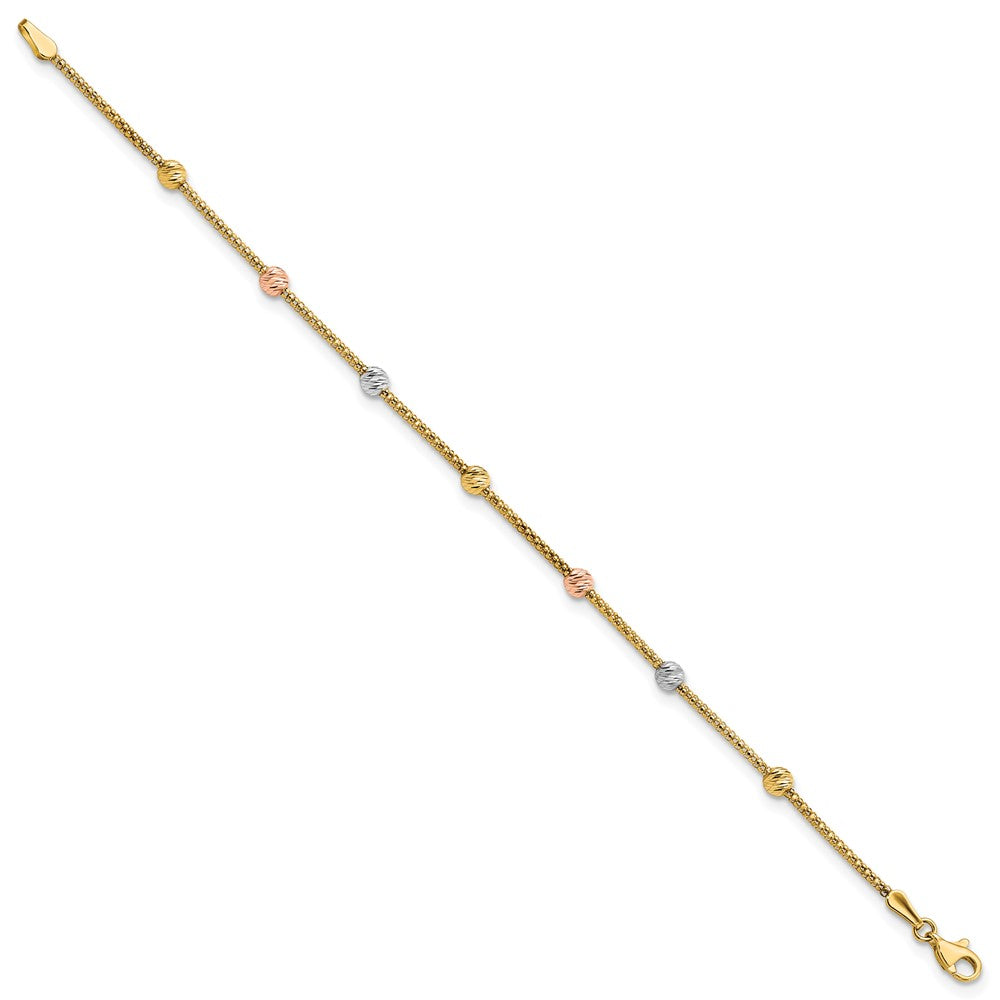 14k Tri-color Diamond-cut 7-Station Bead and Chain Bracelet