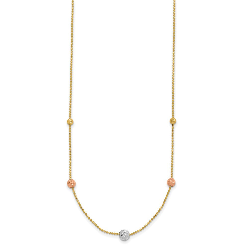14K Tri-Color Diamond-cut Beads and Beaded Chain 18 inch Station Necklace