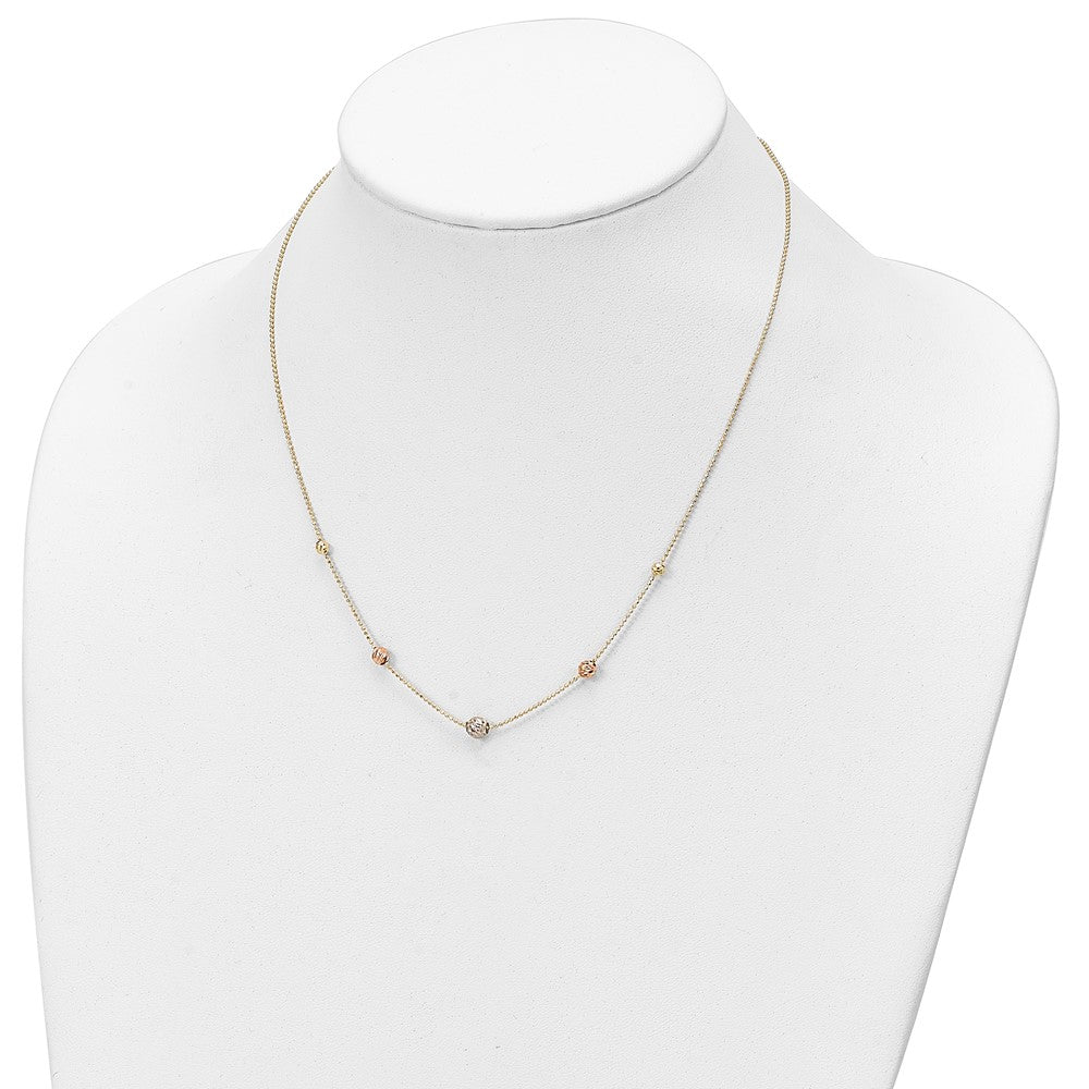 14K Tri-Color Diamond-cut Beads and Beaded Chain 18 inch Station Necklace