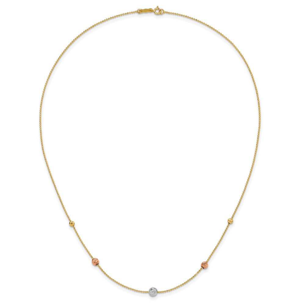 14K Tri-Color Diamond-cut Beads and Beaded Chain 18 inch Station Necklace