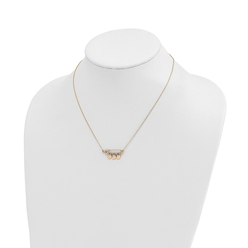 14K Safety Pin with Dangle Hearts Necklace