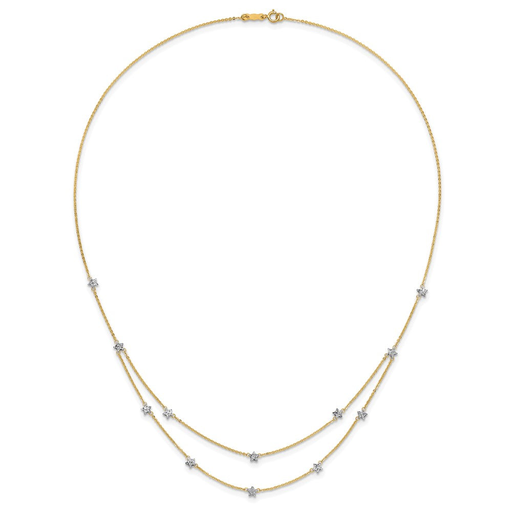 14K Two-tone Double Chain Textured Stars 18 inch Necklace