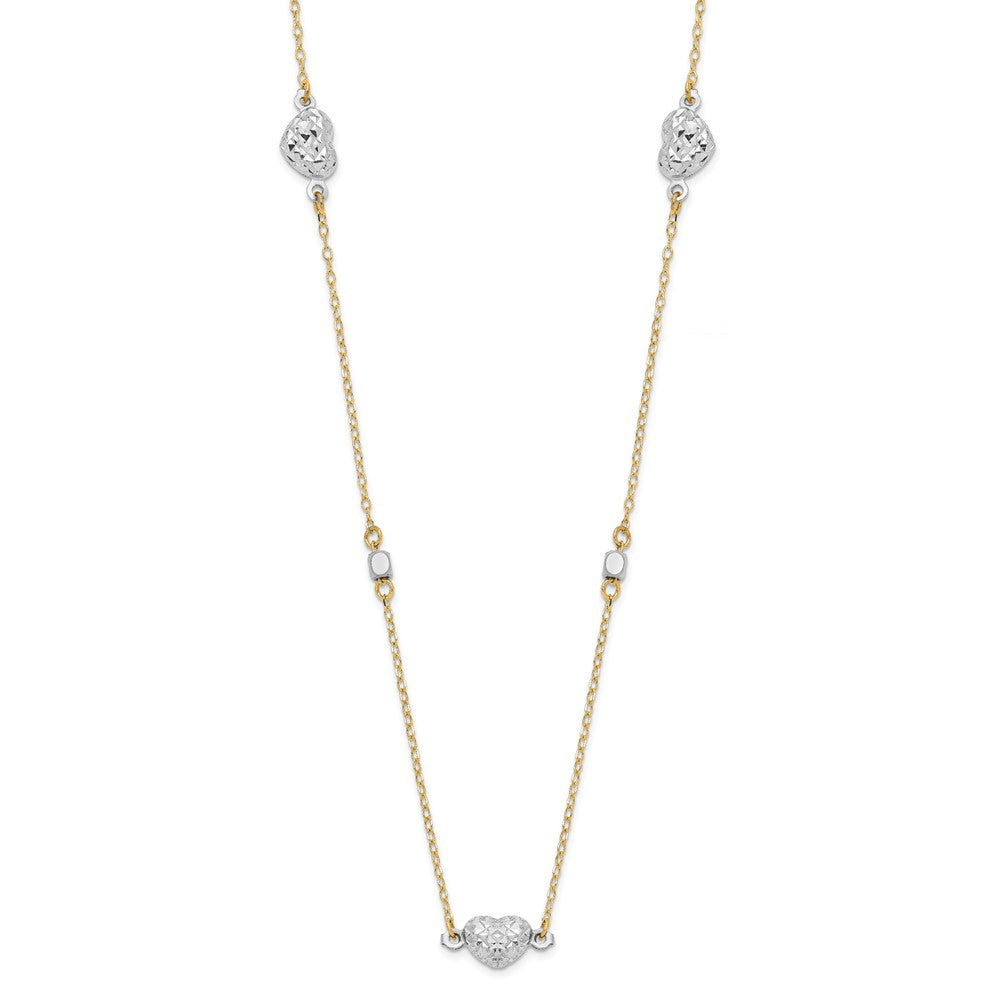 14K Two Tone Polished Diamond-cut Puffed Hearts and Beads 18 inch Necklace