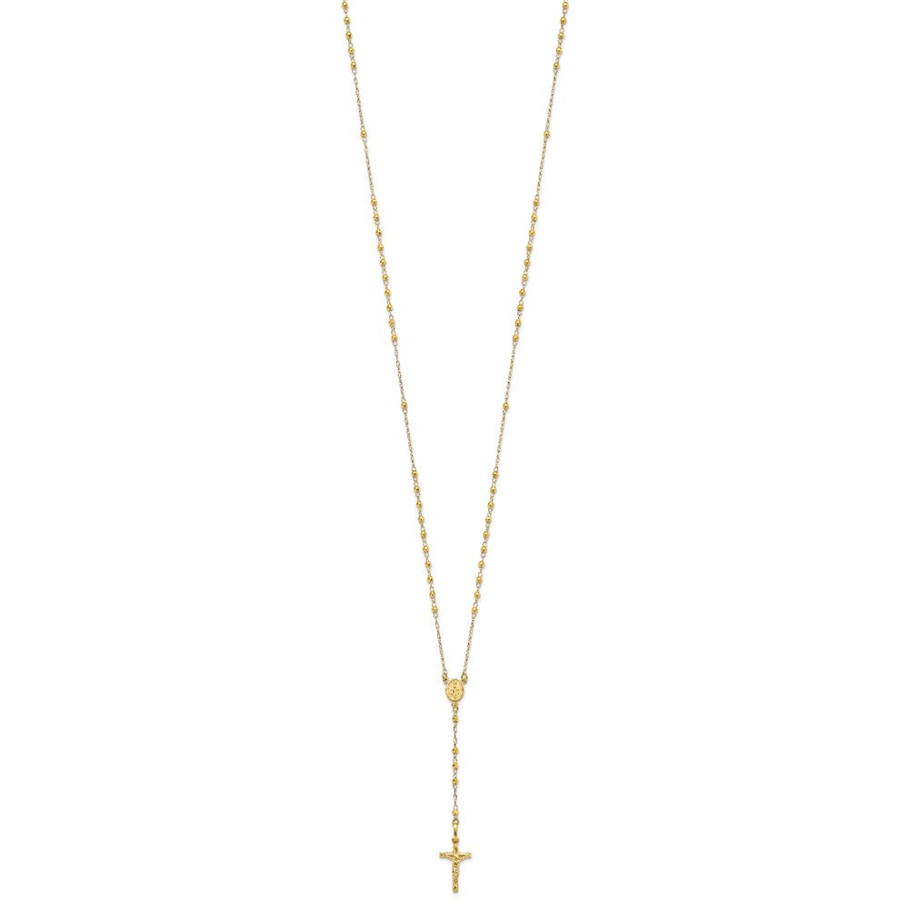 14K Polished Crucifix and Miraculous Medal with Faceted Beads 24 inch Rosary Necklace