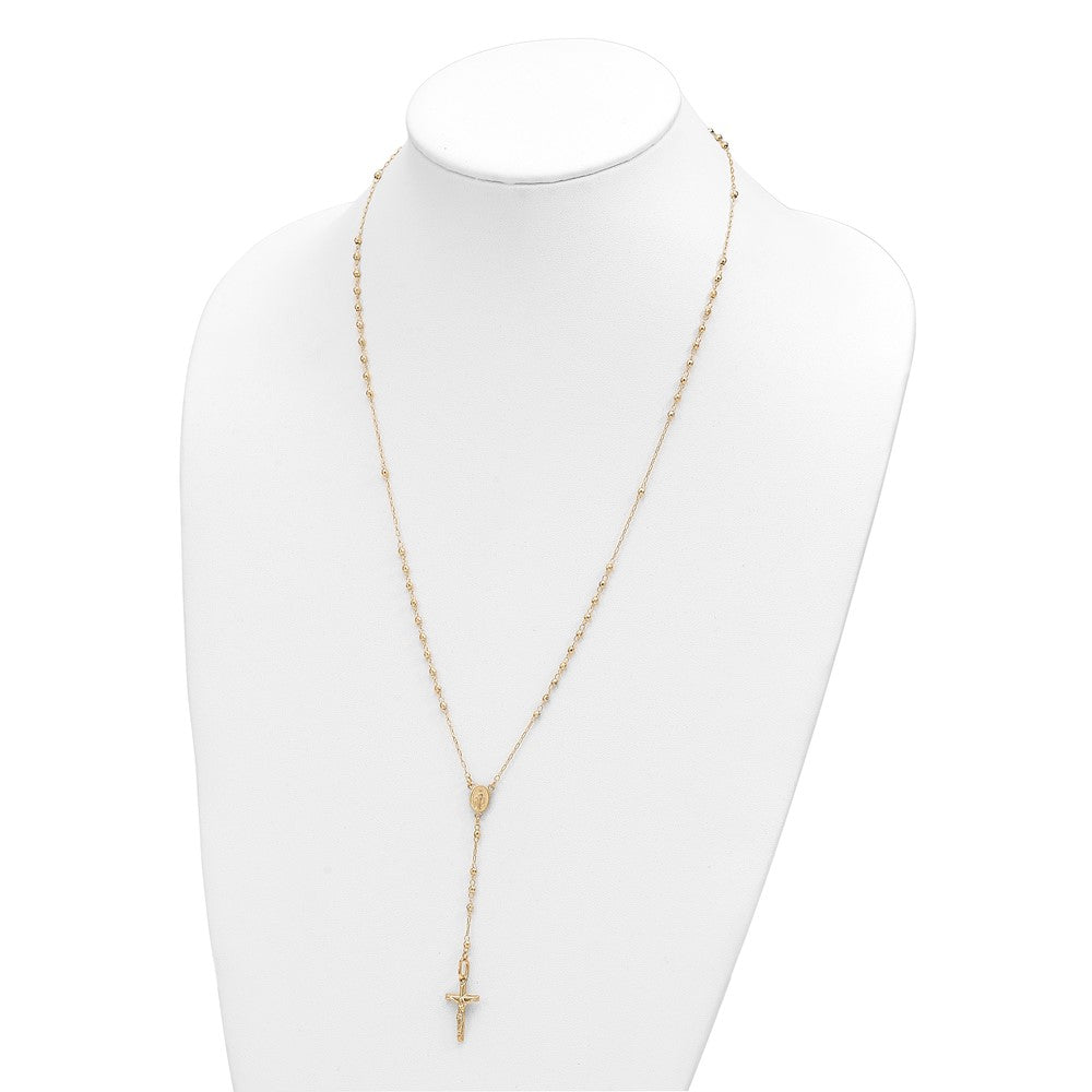 14K Polished Crucifix and Miraculous Medal with Faceted Beads 24 inch Rosary Necklace