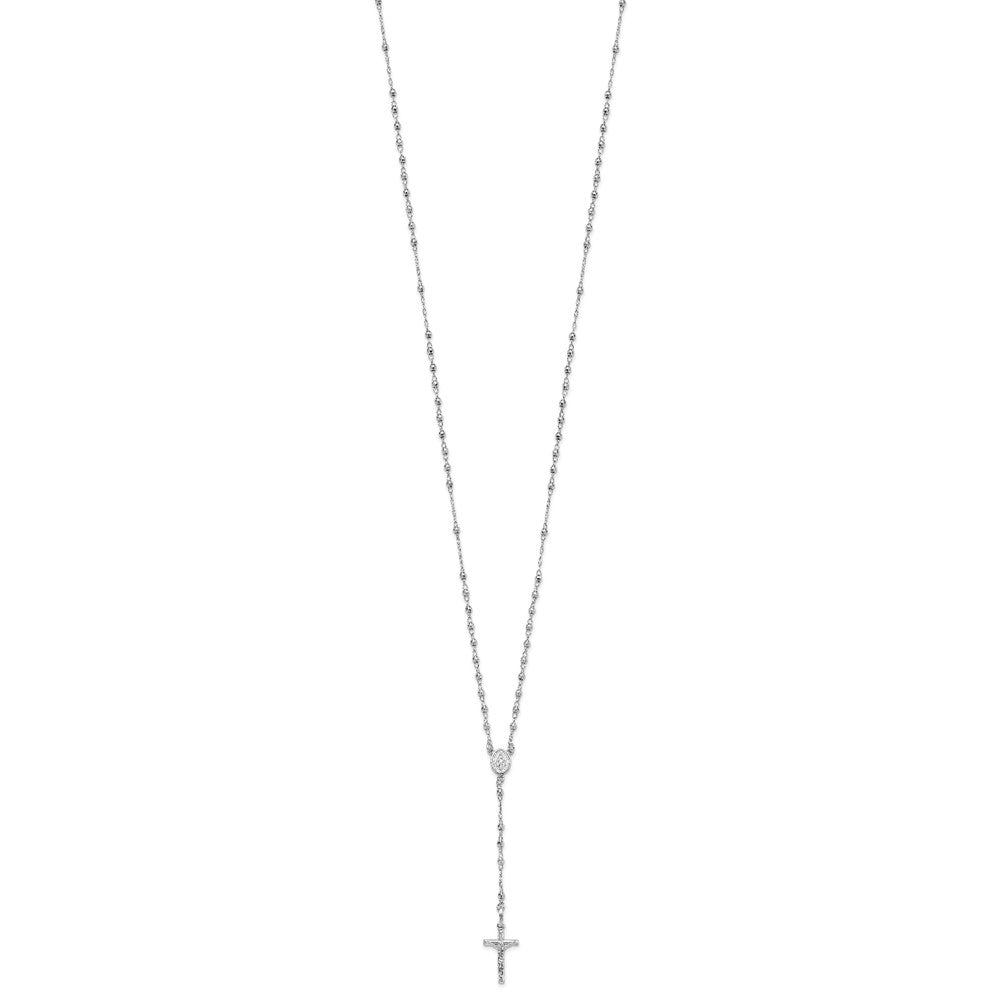 14K White Gold Polished Crucifix and Miraculous Medal with Faceted Beads 18 inch Rosary Necklace