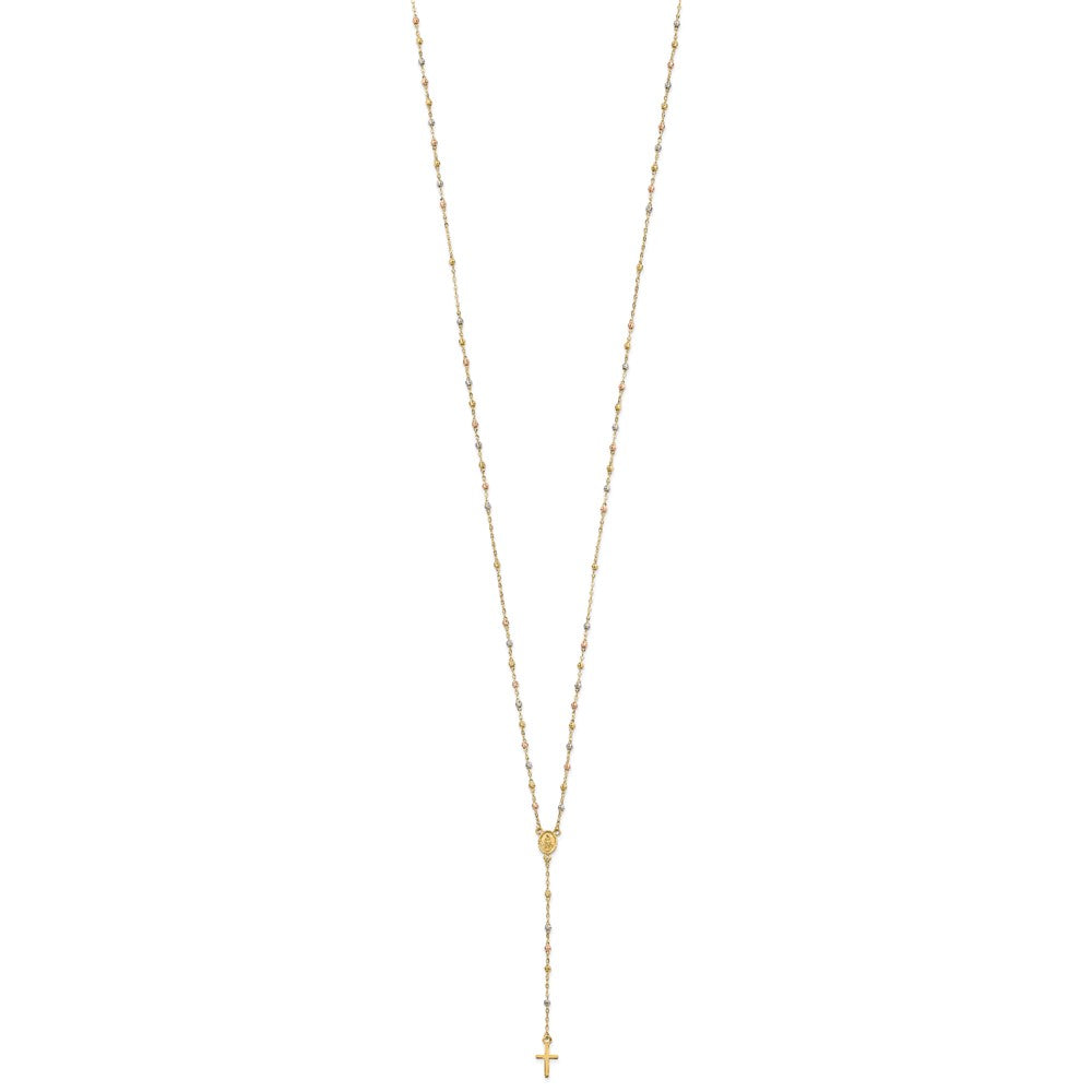 14k Tri-color Cross and Miraculous Medal with Laser-cut Beads 17 inch Rosary Necklace Plus 3 inch Extender - 2