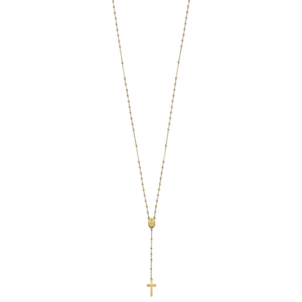 14k Tri-color Cross and Miraculous Medal with Laser-cut Beads 17 inch Rosary Necklace Plus 3 inch Extender