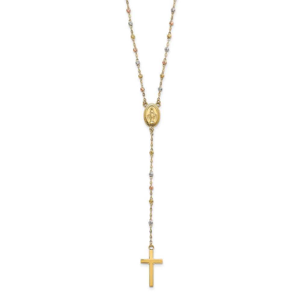 14k Tri-color Cross and Miraculous Medal with Laser-cut Beads 17 inch Rosary Necklace Plus 3 inch Extender