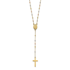 14k Tri-color Cross and Miraculous Medal with Laser-cut Beads 17 inch Rosary Necklace Plus 3 inch Extender