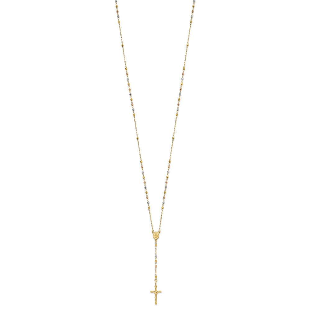 14K Tri-color Polished Crucifix and Miraculous Medal with Faceted Beads 24 inch Rosary Necklace