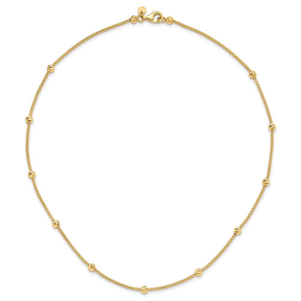 14K Polished Diamond-cut Beads and Mesh Chain 17 inch Necklace