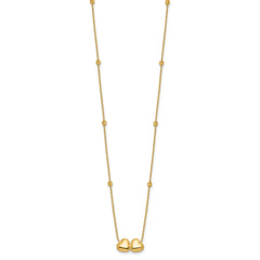 14K Polished Double Heart with Diamond-cut Beads 16 inch Necklace Plus 2 inch Extender