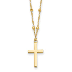 14K Mirror Beaded Chain with Polished Cross Pendant 16.25 inch Necklace Plus 2 inch Extender