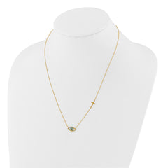 14K Polished Blue CZ Evil Eye and Cross 18 inch Necklace Plus 2 inch Extender