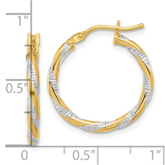 14K and White Rhodium Polished Diamond-cut Hoop Earrings